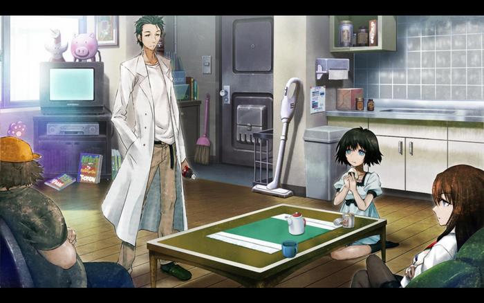 Okabe Rintaro, Makise Kurisu, and others in a room