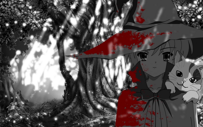 Yuki Nagato with a cat in a forest