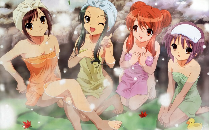 Four anime girls in towels in a hot spring