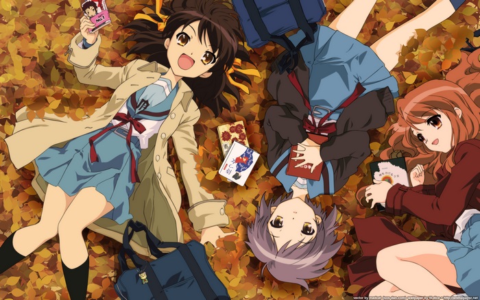 The Melancholy of Haruhi Suzumiya characters lying on autumn leaves