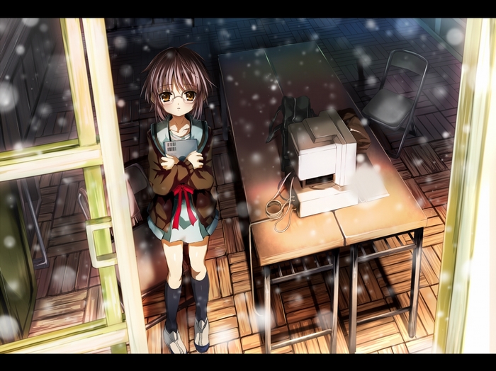 Yuki Nagato holding a book in a classroom