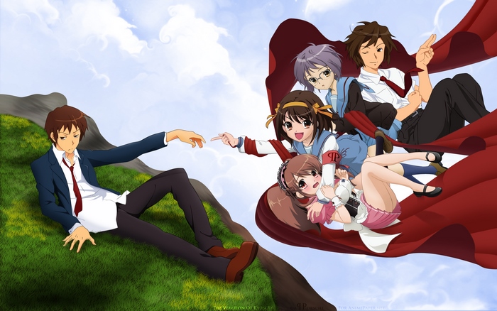 The Melancholy of Haruhi Suzumiya characters in 'The Creation of Adam' parody