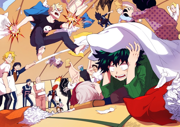 My Hero Academia characters in a pillow fight