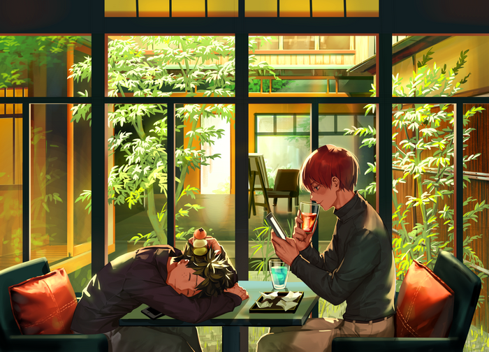 Shoto Todoroki and Izuku Midoriya in a cafe