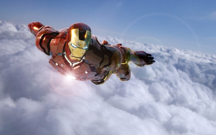 Iron Man flying through clouds