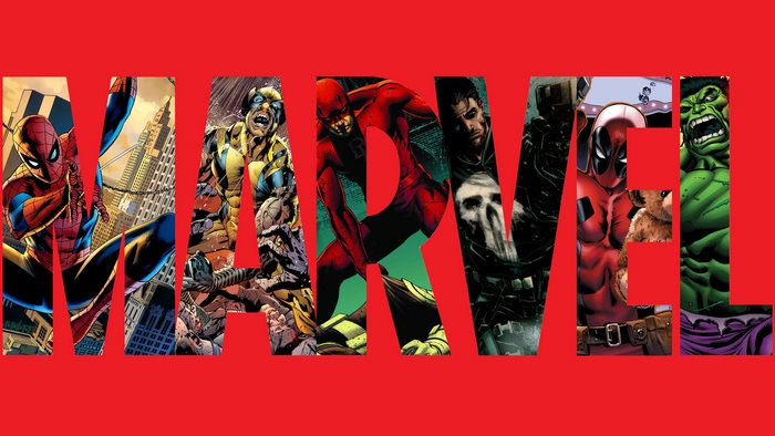 Marvel logo with comic book characters