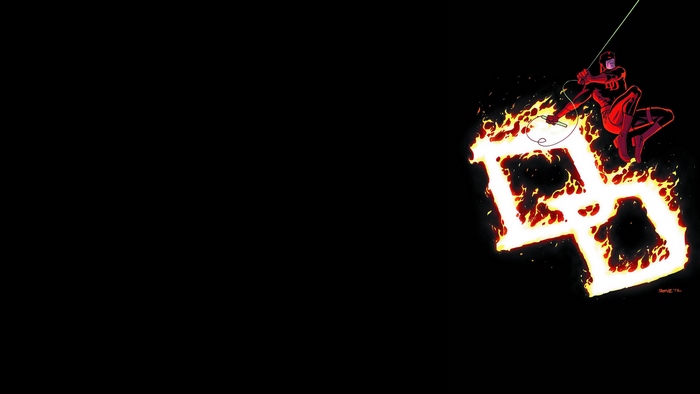 Daredevil from Marvel Comics on flaming DD logo