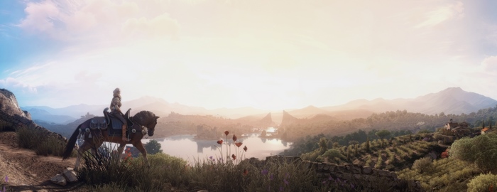 Ciri from The Witcher on horseback overlooking a valley