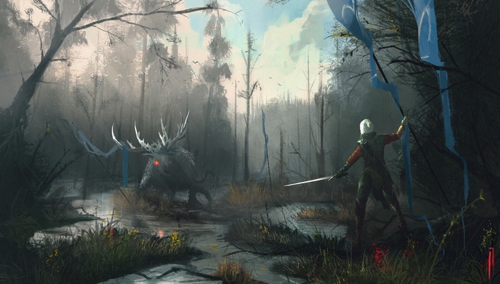 Ciri from The Witcher fighting a monster in a swamp