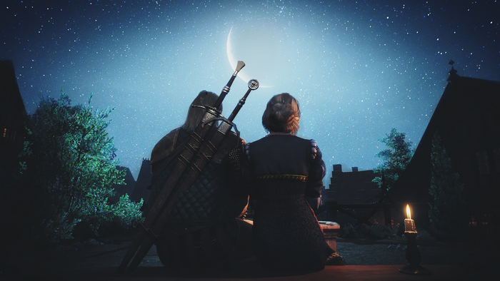 Geralt and Ciri from The Witcher under a crescent moon