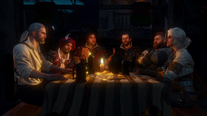 Characters playing cards at a table in The Witcher