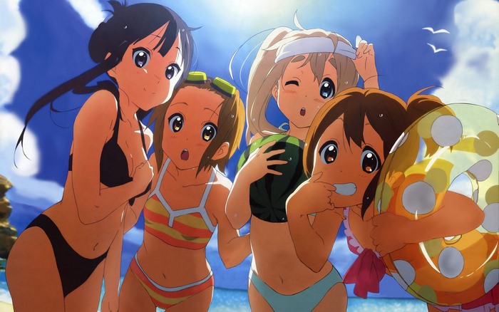 Five girls in swimsuits at the beach