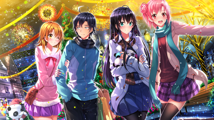 Yui Yuigahama, Hachiman Hikigaya, Yukino Yukinoshita, and Iroha Isshiki from My Teen Romantic Comedy SNAFU