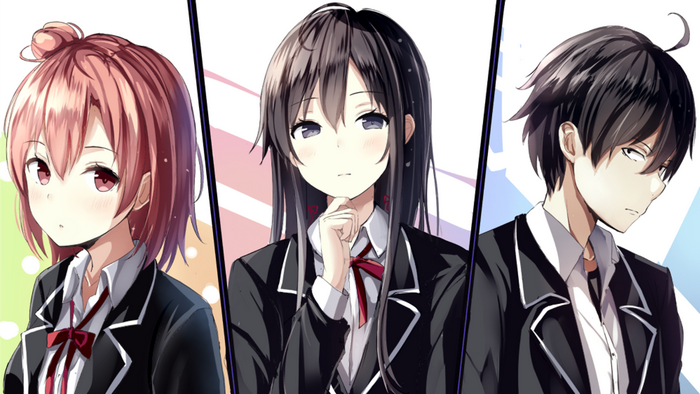 Yui Yuigahama, Yukino Yukinoshita, and Hachiman Hikigaya from My Teen Romantic Comedy SNAFU