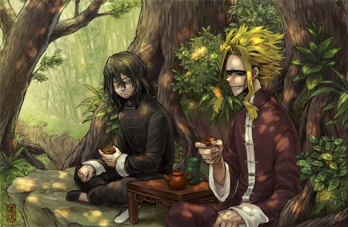 All Might and Eraser Head drinking tea
