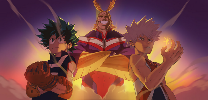 Izuku Midoriya, Katsuki Bakugo, and All Might from My Hero Academia