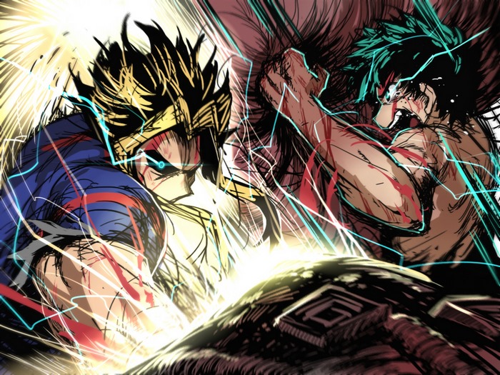 All Might and Izuku Midoriya fighting