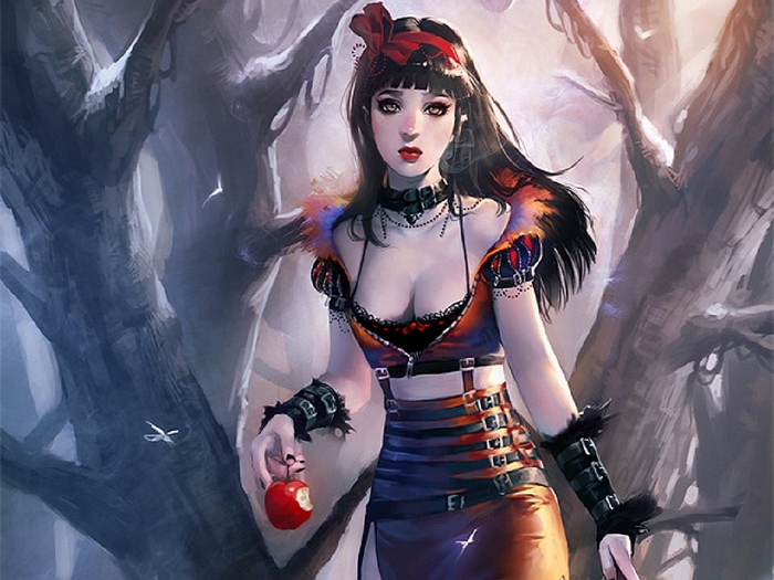 Snow White in a dark forest holding an apple