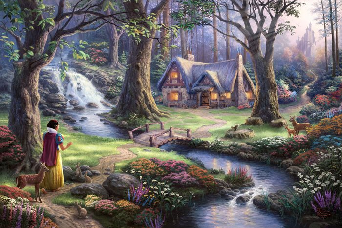 Snow White in a forest with a cottage and waterfall