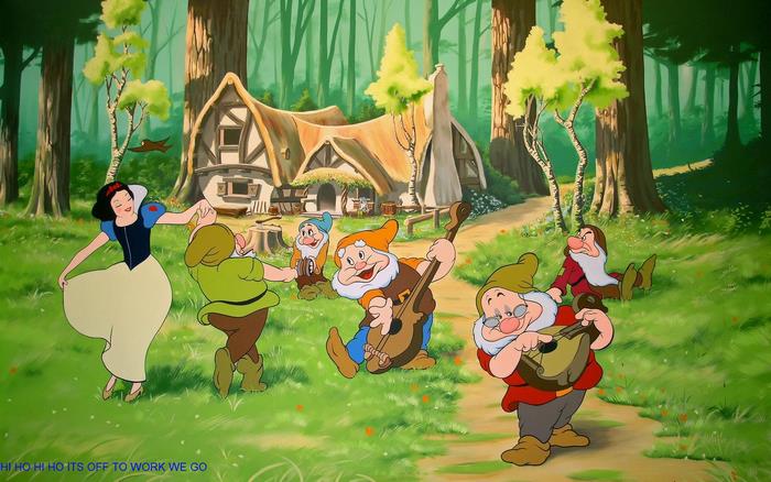 Snow White and the Seven Dwarfs in a forest