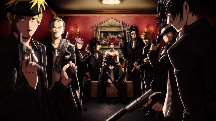 Anime characters in suits with guns