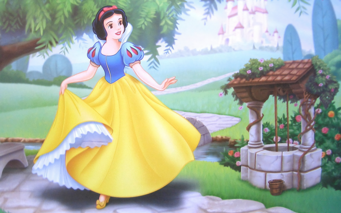 Snow White in a garden with a wishing well