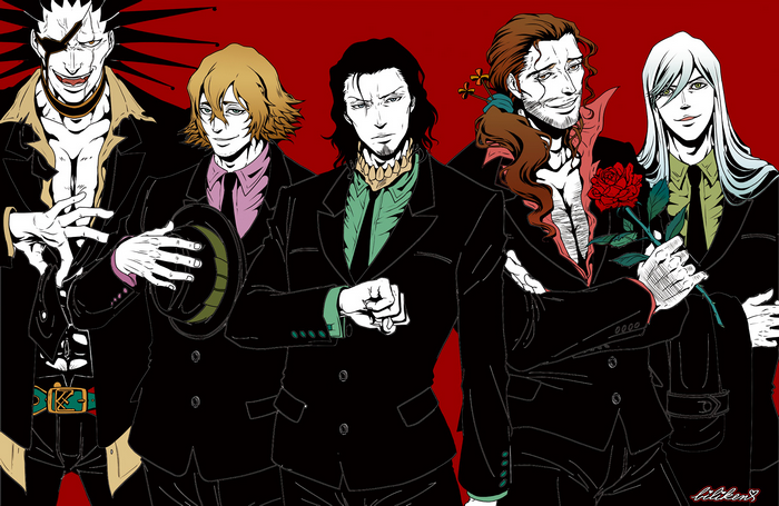 Five men in suits standing against a red background