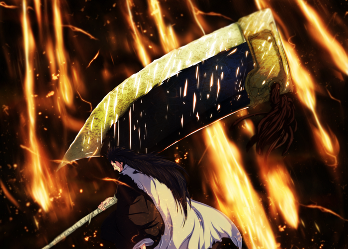 Kenpachi Zaraki with a large scythe amidst flames