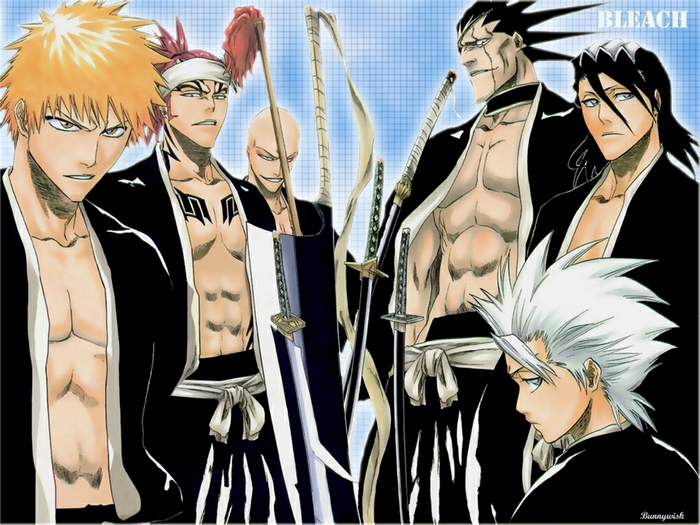 Bleach characters Ichigo, Renji, Kenpachi, Byakuya, and Rukia
