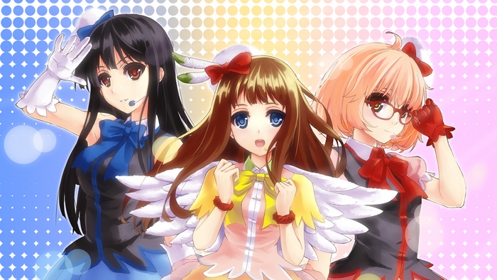 Three anime girls with colorful outfits
