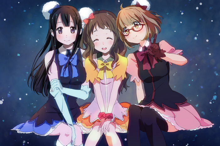 Three anime girls in colorful outfits