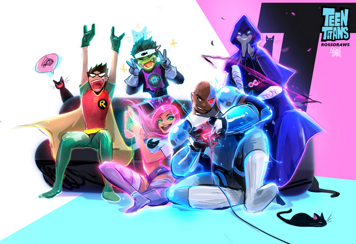 Teen Titans characters playing video games