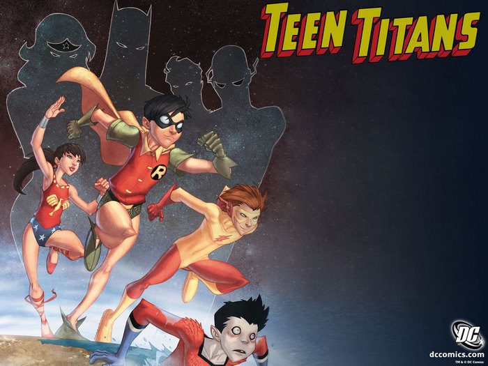 Teen Titans characters Robin, Wonder Girl, Kid Flash, and Beast Boy
