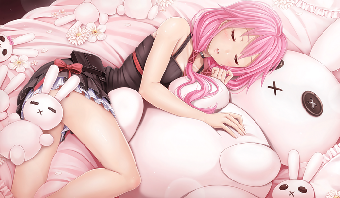 Inori Yuzuriha sleeping on plush toys