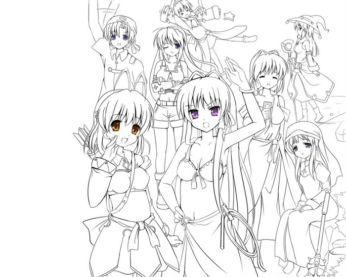 Group of anime girls in various outfits