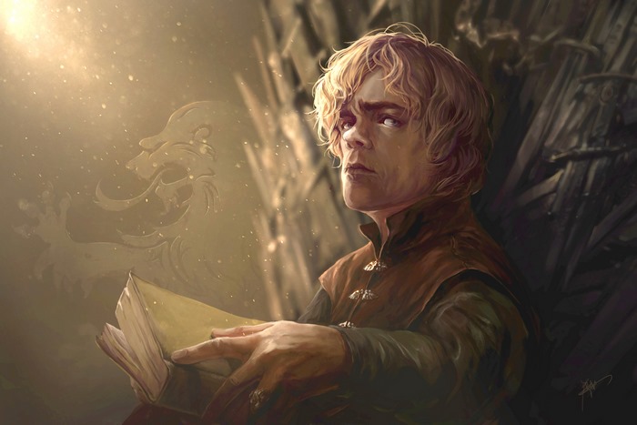 Tyrion Lannister from Game of Thrones reading a book