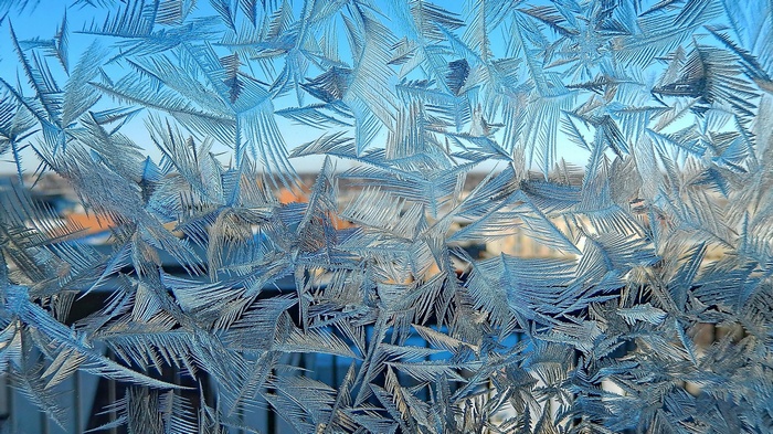 Close-up of frost patterns on a window
