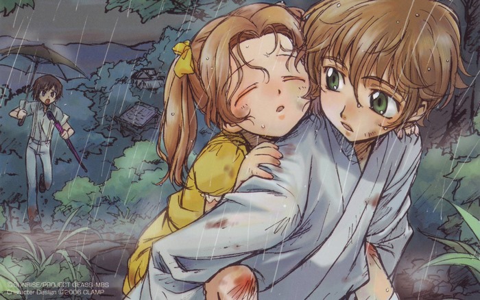 Suzaku Kururugi and two children in the rain