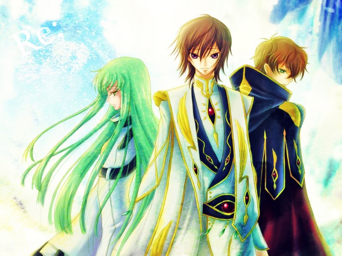 C.C., Lelouch Lamperouge, and Suzaku Kururugi from Code Geass
