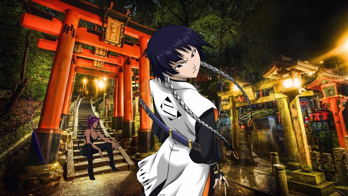 Yoruichi Shihouin and woman in Japanese shrine at night