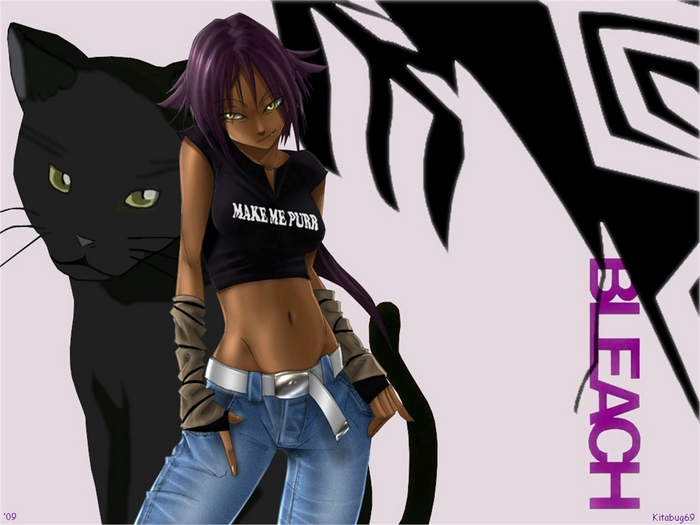 Yoruichi Shihouin from Bleach with a black cat