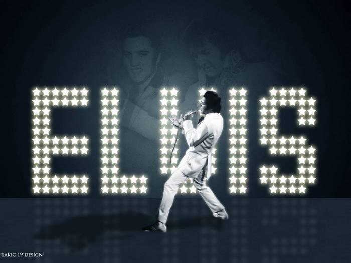 Elvis Presley performing on stage with star lights