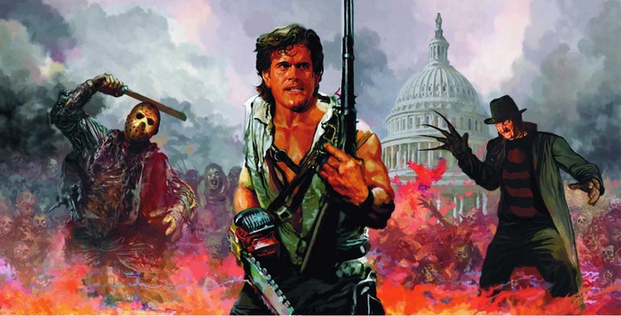 Freddy Krueger, Jason Voorhees, and Ash Williams fighting zombies