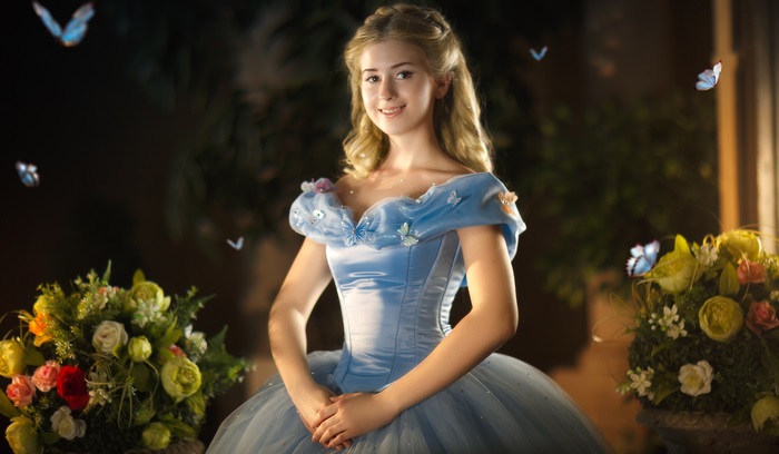 Cinderella in a blue ballgown with butterflies