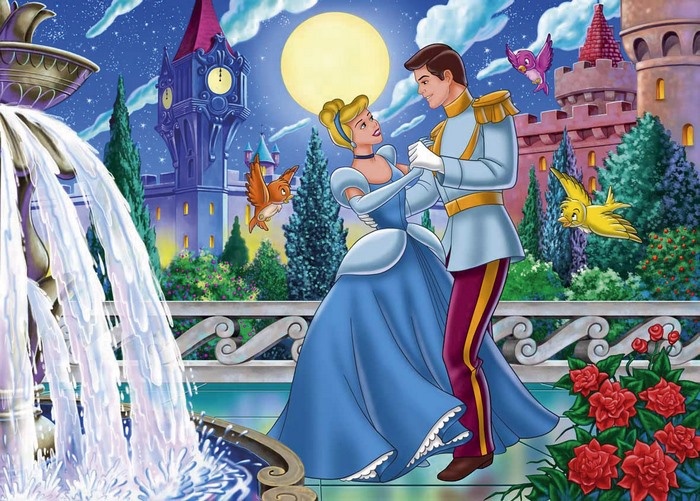 Cinderella and Prince Charming dancing at night