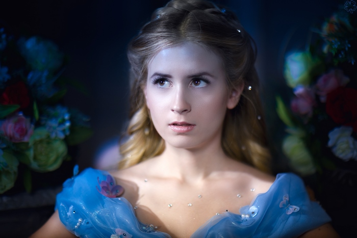 Cinderella in a blue dress with butterflies