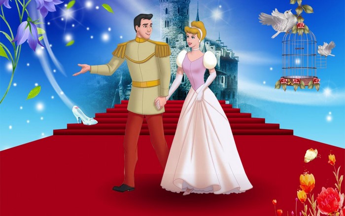 Cinderella and Prince Charming on a red carpet