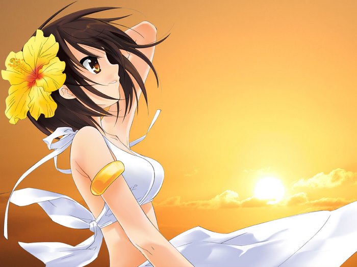 Haruhi Suzumiya in a white bikini with a yellow flower