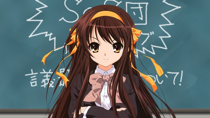 Haruhi Suzumiya in front of a blackboard