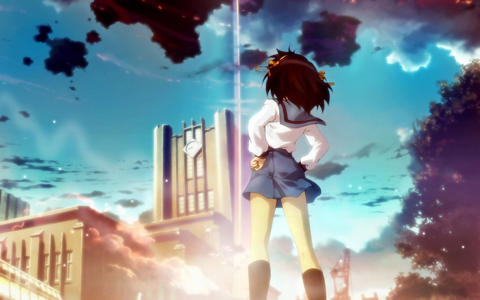 Haruhi Suzumiya looking at a tower